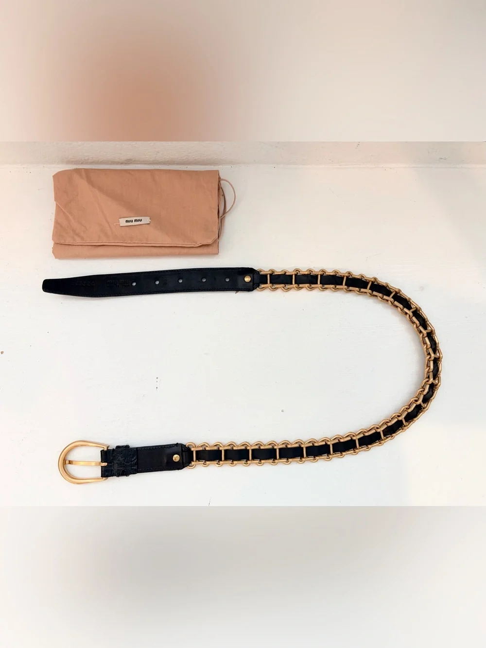Auth MIU MIU Black Leather Gold-Tone Chain Link Belt, Size 75 / 30